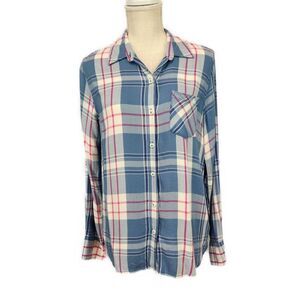 Woolrich Button Down Flannel Shirt Womens Sz L Blue Pink Plaid Long Tab Sleeve